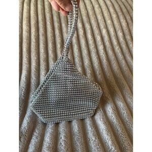 Silver Rhinestone Mesh Evening Bag Wristlet Slouchy Crystal Clutch Purse